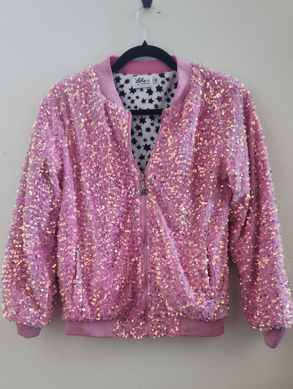 Lola + The Boys Pink Sequin Star-Print Bomber Jacket